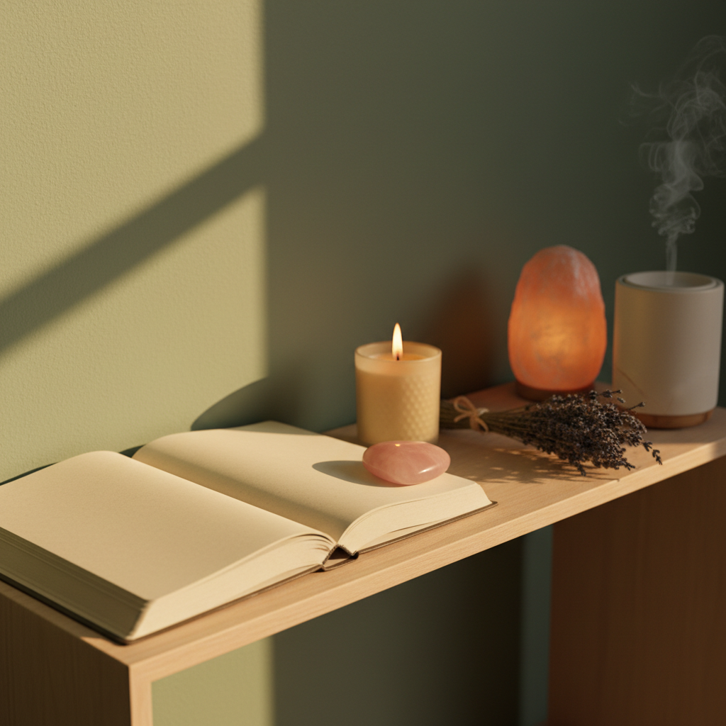 A meticulously arranged altar-like shelf featuring a large, open blank journal with creamy textured pages, a smooth rose quartz palm stone, a lit beeswax candle in a frosted glass holder, and a small bundle of dried lavender tied with natural twine. The items rest on a low, light-wood shelf against a matte, soft-sage wall. Late afternoon golden hour light streams in from the left, washing everything in a gentle, warm glow and casting delicate layered shadows. A blurred salt lamp and a ceramic essential oil diffuser glow faintly in the background. Photographic realism, composed using the rule of thirds from a slightly elevated angle, with a calm, inviting atmosphere that suggests reflection, healing, and gentle self-discovery.