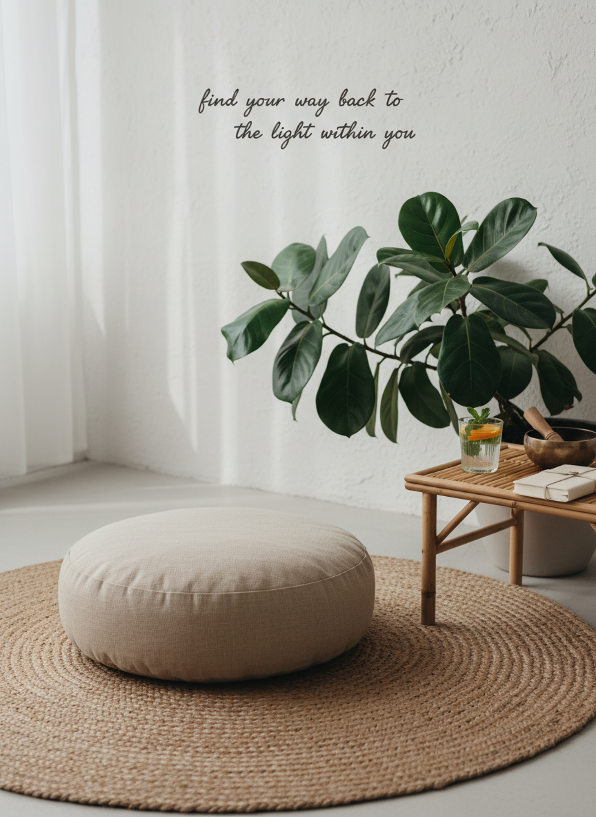 A tranquil meditation nook featuring a thick, sand-colored floor cushion with visible linen texture, centered on a woven jute rug. A low bamboo side table holds a wooden singing bowl, a closed journal, and a glass of water infused with floating citrus slices and mint. Behind, a large indoor plant with broad, glossy leaves spreads across a white plaster wall. Soft, diffused overcast daylight enters from an unseen window, creating even illumination and soft shadows. Photographic realism, shot from a slightly elevated three-quarter angle with moderate depth of field, keeping all elements crisp. The mood is grounding, nurturing, and spacious, embodying mind-body wellness and the invitation to “find your way back to the light within you.”